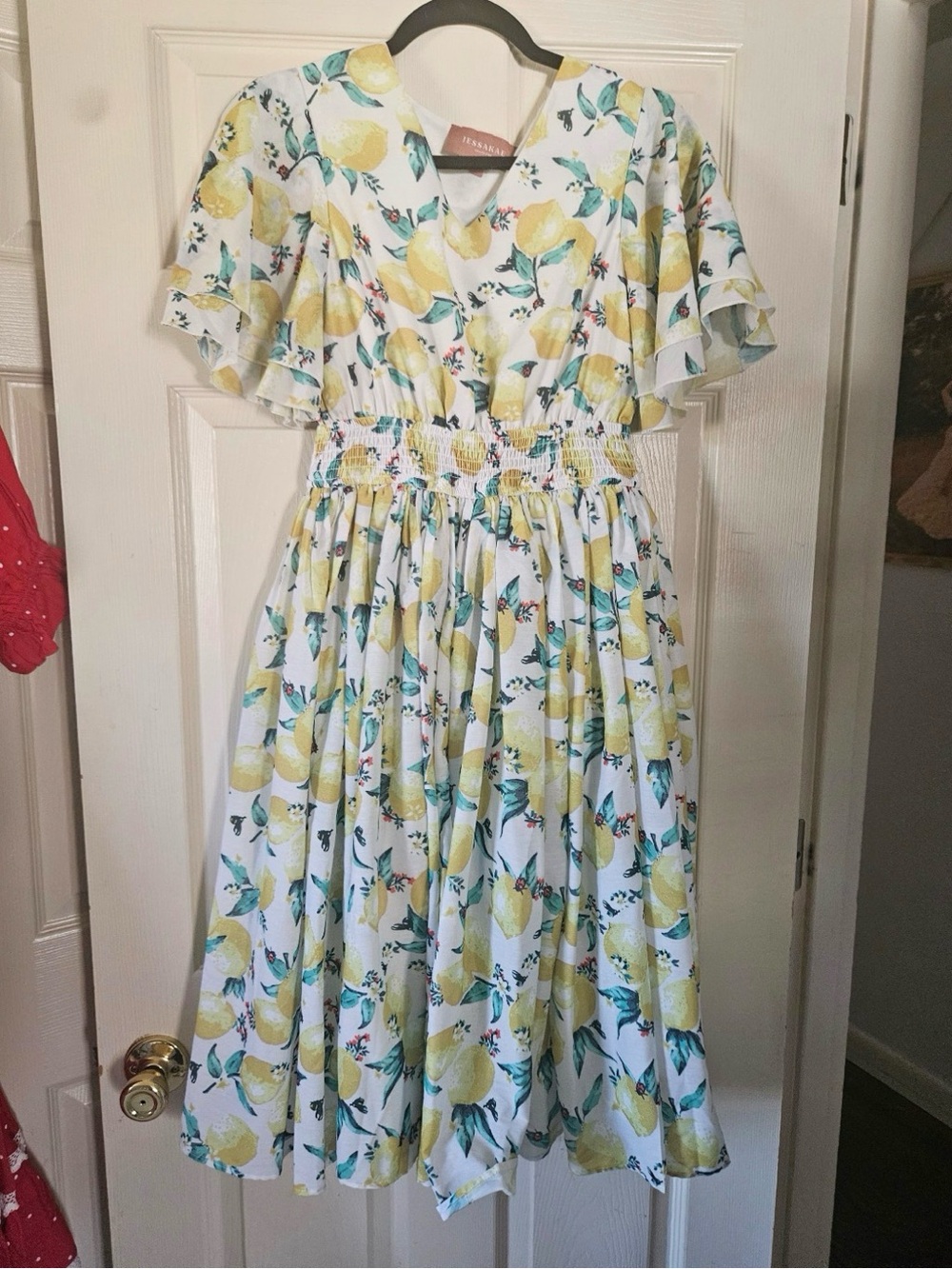 JessaKae White Lemon Print V-Neck Dress with Yellow & Green
